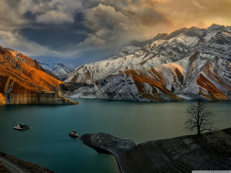 Snow-capped Mountains and Lake — Blue, Dramatic, Sunset