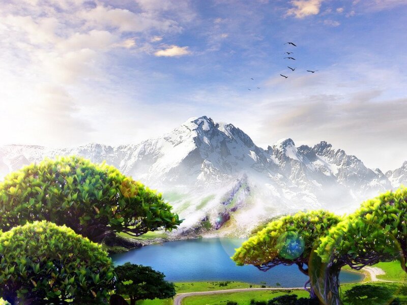 Snow-capped Mountains and Lake — Blue, Serene, Afternoon, Digital Art