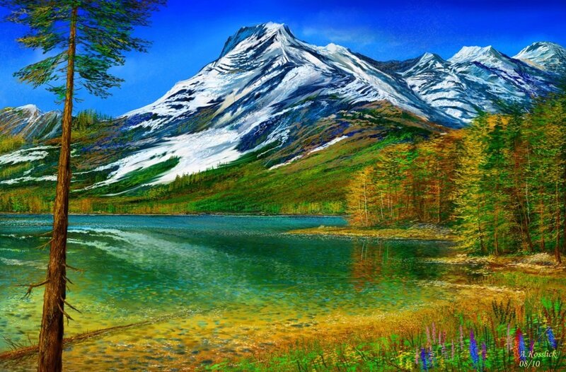 Snow-capped Mountains and Lake — Blue, Serene, Afternoon, Painting