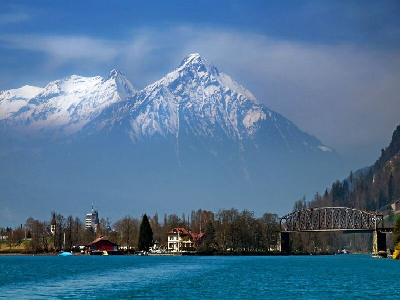 Snow-capped Mountains and Lake — Blue, Serene, Afternoon, Photograph, Bridge