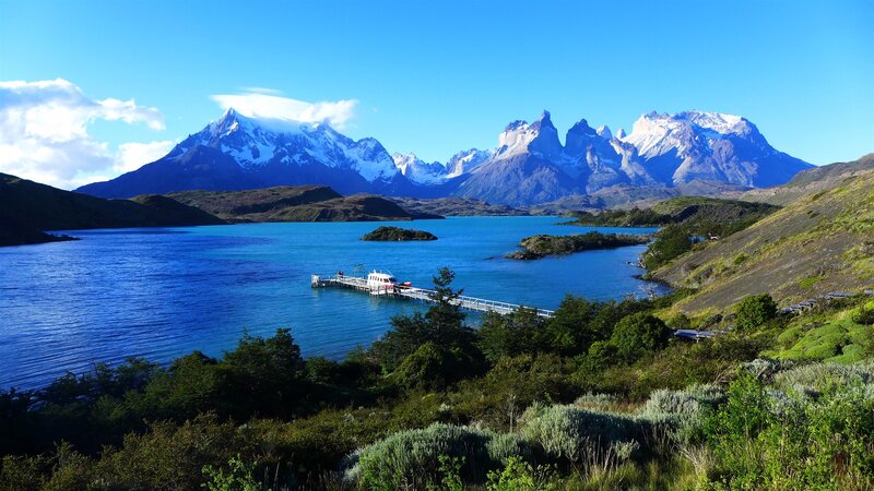 Snow-capped Mountains and Lake — Blue, Serene, Afternoon, Photograph, Dock