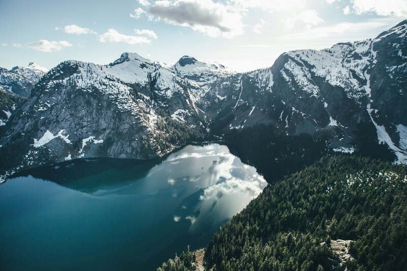 Snow-capped Mountains and Lake — Blue, Serene, Afternoon, Photograph, Forest, Clouds