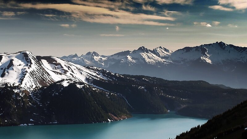 Snow-capped Mountains and Lake — Blue, Serene, Afternoon, Photograph, Forest, Clouds, White