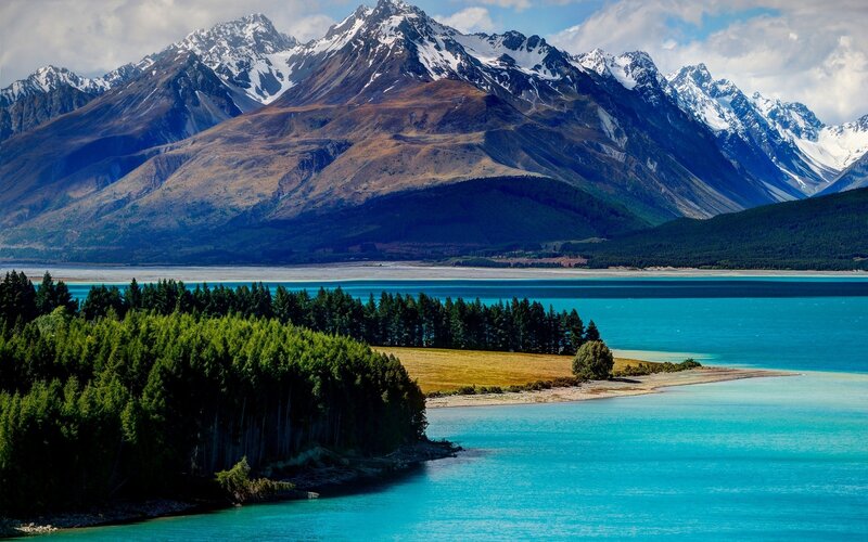 Snow-capped Mountains and Lake — Blue, Serene, Afternoon, Photograph, Forest, Green, Brown