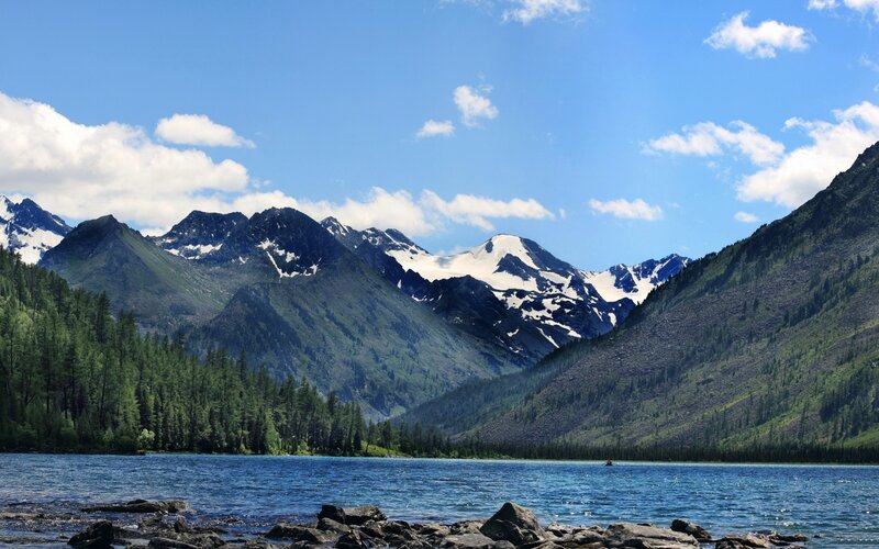 Snow-capped Mountains and Lake — Blue, Serene, Afternoon, Photograph, Forest, Rocks
