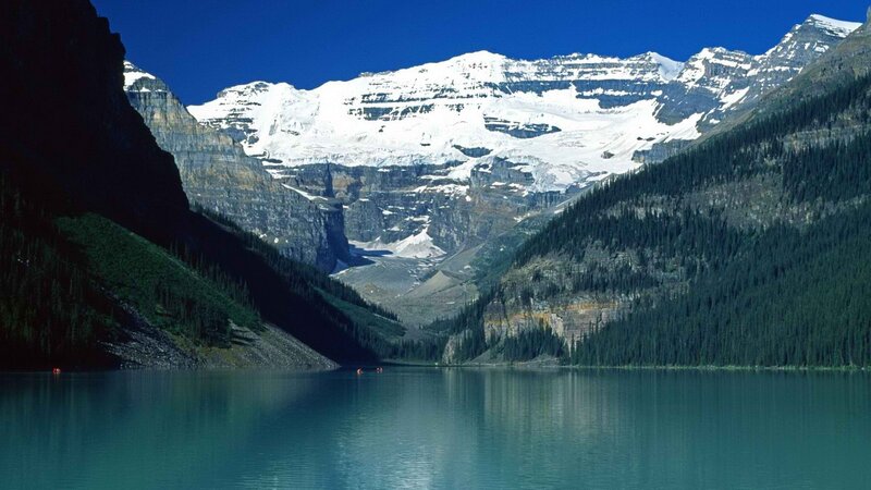 Snow-capped Mountains and Lake — Blue, Serene, Afternoon, Photograph, Forest, Sky, Green