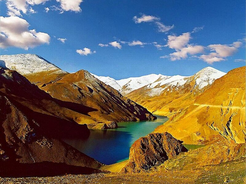 Snow-capped Mountains and Lake — Blue, Serene, Afternoon, Photograph, Sky, Clouds