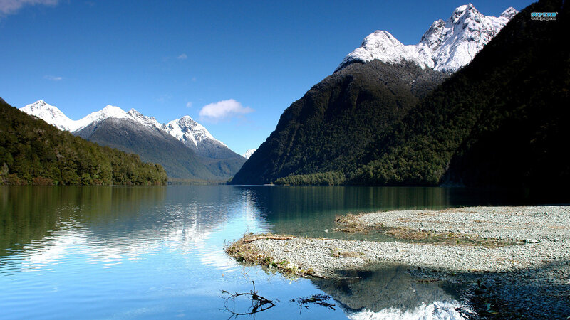 Snow-capped Mountains and Lake — Blue, Serene, Afternoon, Photograph, Trees, Gravel
