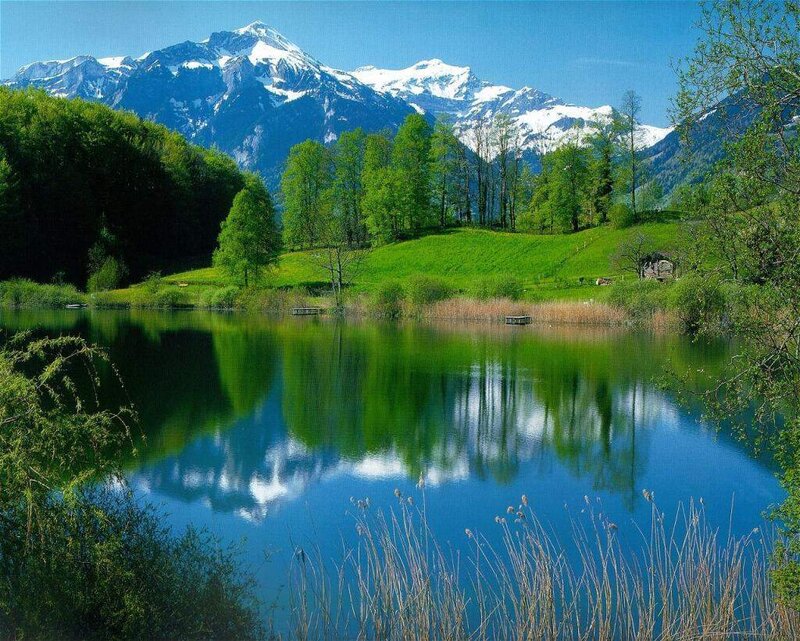 Snow-capped Mountains and Lake — Blue, Serene, Afternoon