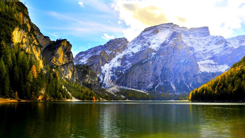 Snow-capped Mountains and Lake — Blue, Serene, Autumn, Photograph, Forest