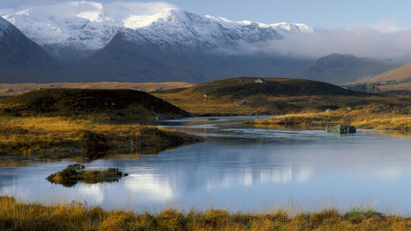 Snow-capped Mountains and Lake — Blue, Serene, Autumn, Photograph, Grass