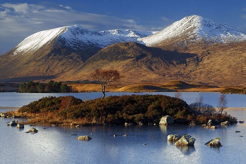 Snow-capped Mountains and Lake — Blue, Serene, Autumn, Photograph