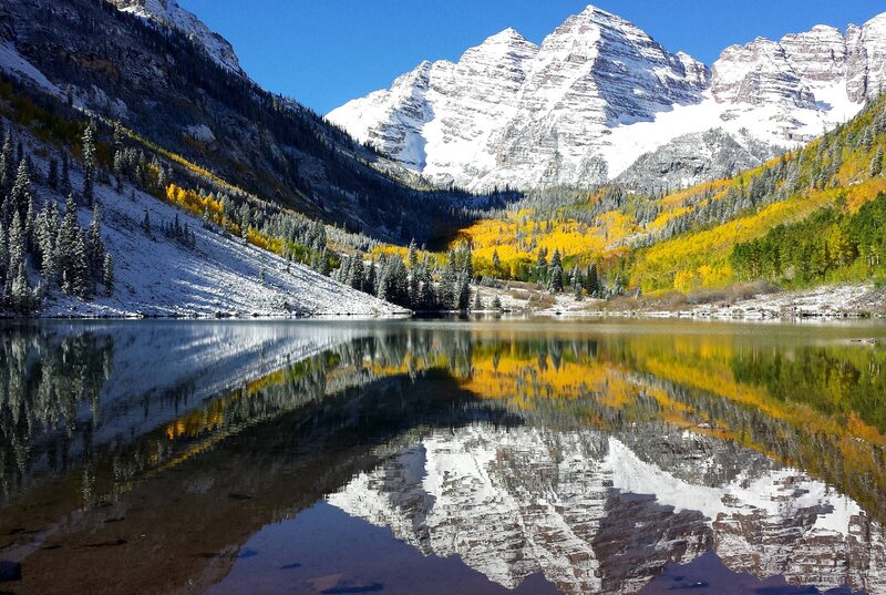 Snow-capped Mountains and Lake — Blue, Serene, Autumn, Photograph, Trees, Autumn Foliage