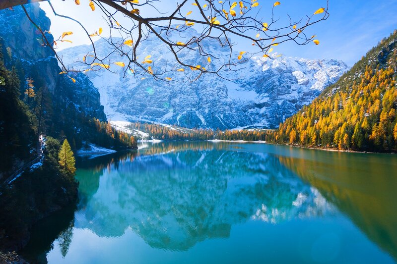 Snow-capped Mountains and Lake — Blue, Serene, Autumn, Photograph, Trees, Branches