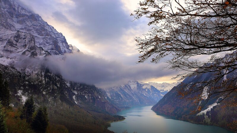 Snow-capped Mountains and Lake — Blue, Serene, Autumn, Photograph, Trees, Clouds