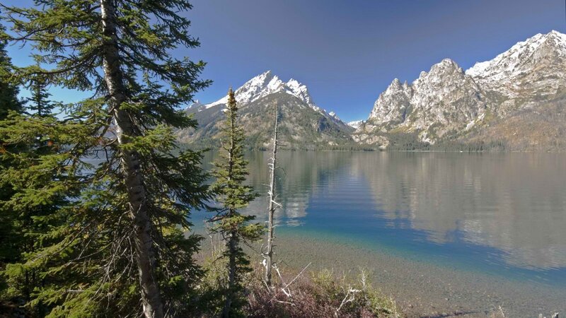 Snow-capped Mountains and Lake — Blue, Serene, Autumn, Photograph, Trees, Green, White