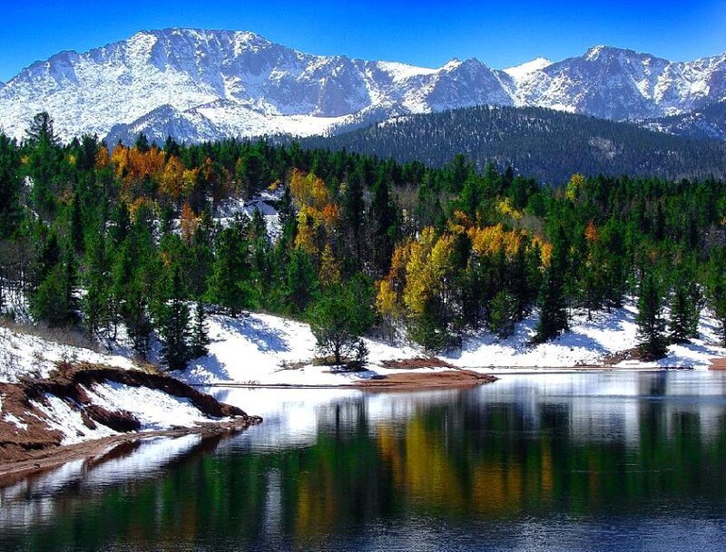 Snow-capped Mountains and Lake — Blue, Serene, Autumn