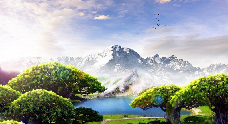 Snow-capped Mountains and Lake — Blue, Serene, Morning, Digital Art