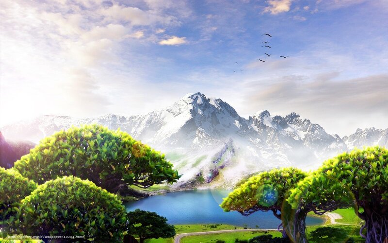 Snow-capped Mountains and Lake — Blue, Serene, Morning, Digital Art, Trees