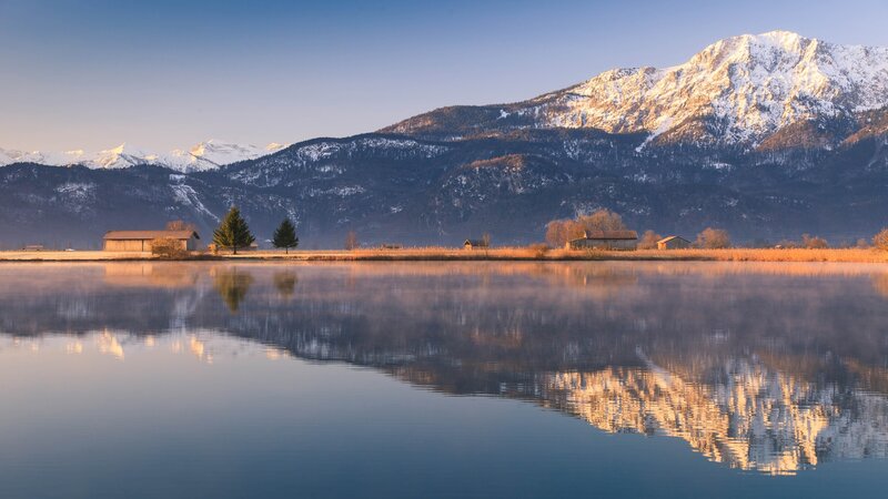 Snow-capped Mountains and Lake — Blue, Serene, Morning, Photograph, Barns
