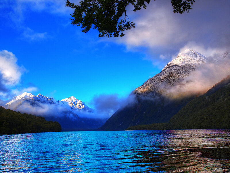 Snow-capped Mountains and Lake — Blue, Serene, Morning, Photograph, Clouds