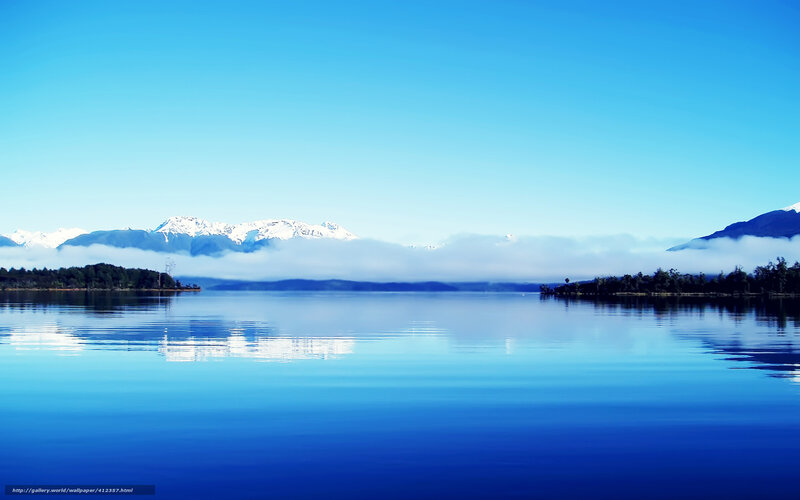Snow-capped Mountains and Lake — Blue, Serene, Morning, Photograph, Clouds, Trees