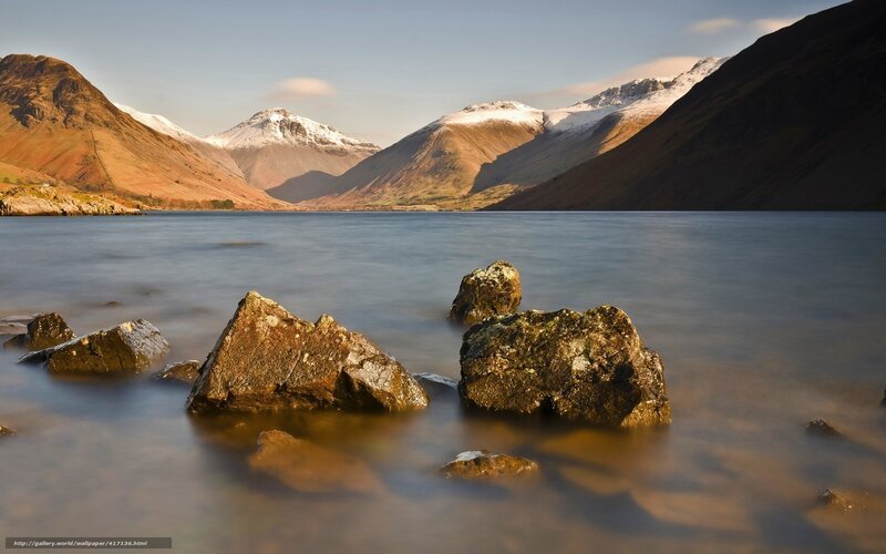 Snow-capped Mountains and Lake — Blue, Serene, Morning, Photograph, Rocks