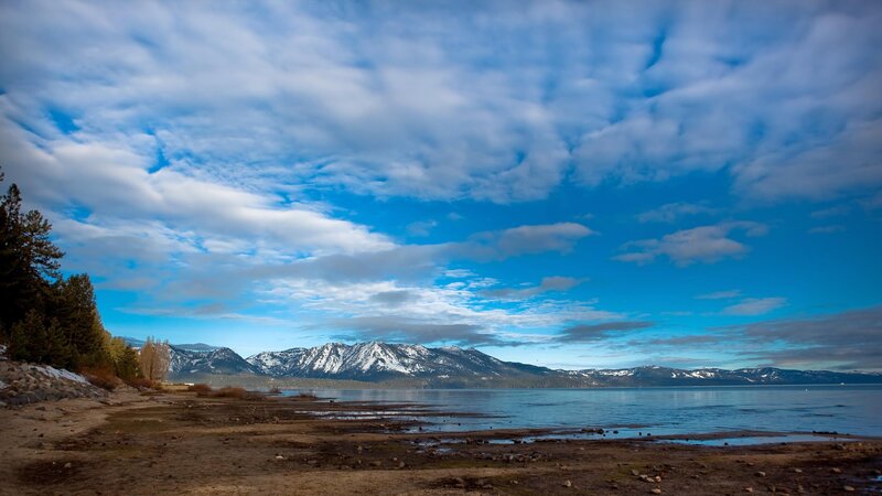 Snow-capped Mountains and Lake — Blue, Serene, Morning, Photograph, Trees, Clouds
