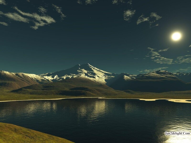 Snow-capped Mountains and Lake — Blue, Serene, Night