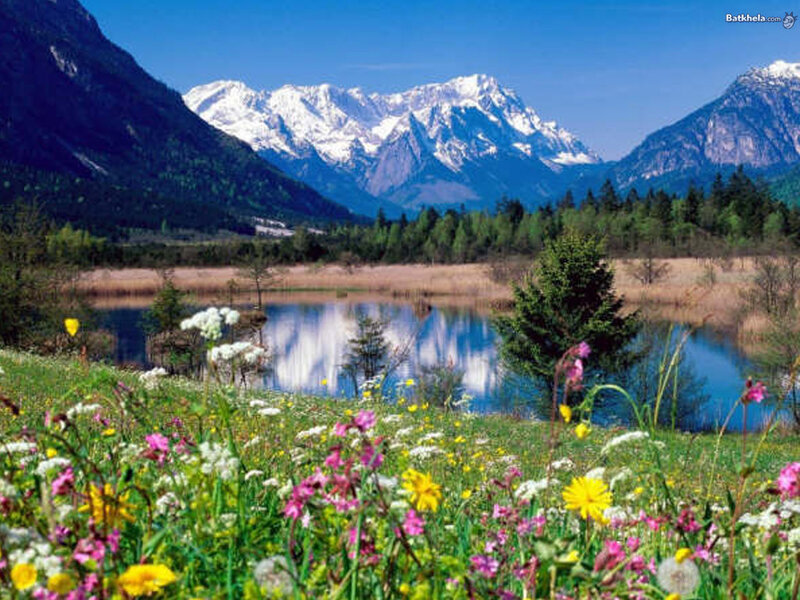 Snow-capped Mountains and Lake — Blue, Serene, Spring