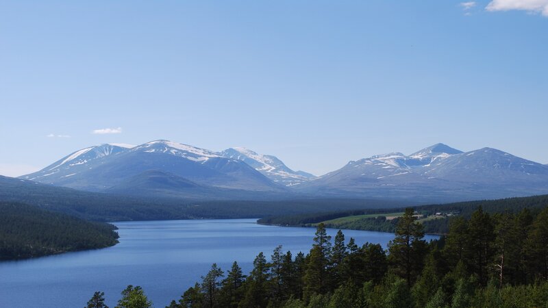 Snow-capped Mountains and Lake — Blue, Serene, Summer, Photograph, Forest