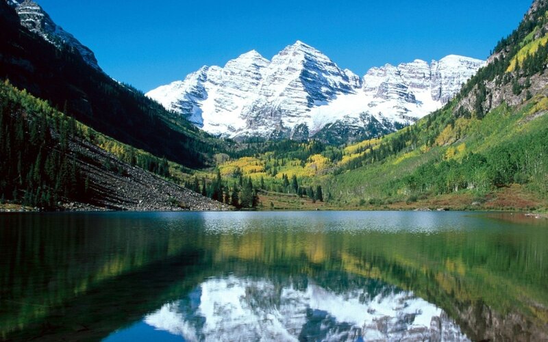 Snow-capped Mountains and Lake — Blue, Serene, Summer, Photograph, Forest, Trees