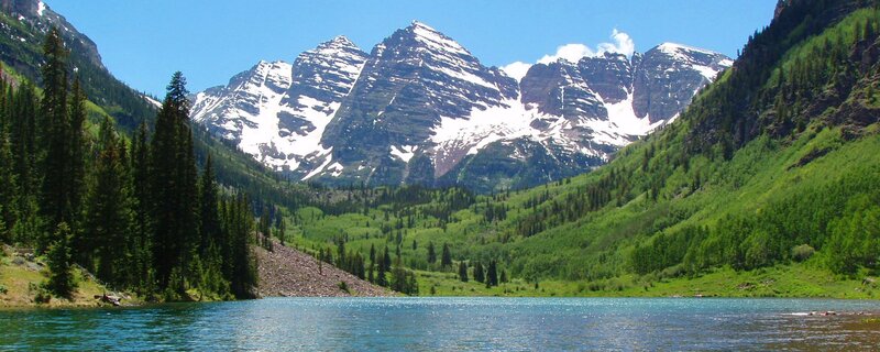 Snow-capped Mountains and Lake — Blue, Serene, Summer, Photograph, Trees, Forest