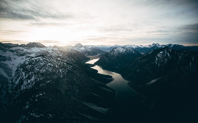 Snow-capped Mountains and Lake — Blue, Serene, Sunrise