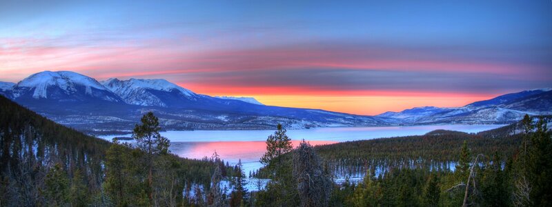 Snow-capped Mountains and Lake — Blue, Serene, Sunset, Photograph, Forest