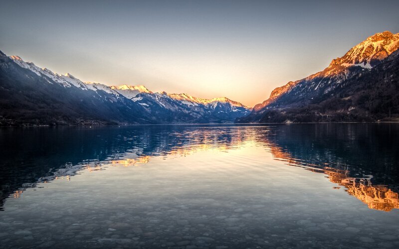 Snow-capped Mountains and Lake — Blue, Serene, Sunset, Photograph, Sky