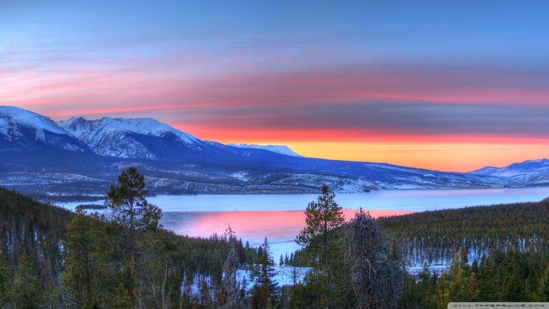 Snow-capped Mountains and Lake — Blue, Serene, Sunset