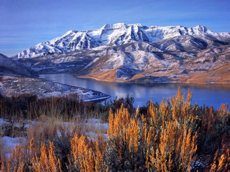 Snow-capped Mountains and Lake — Blue, Serene