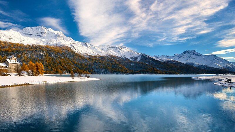 Snow-capped Mountains and Lake — Blue, Serene, Winter, Photograph, Forest, Building