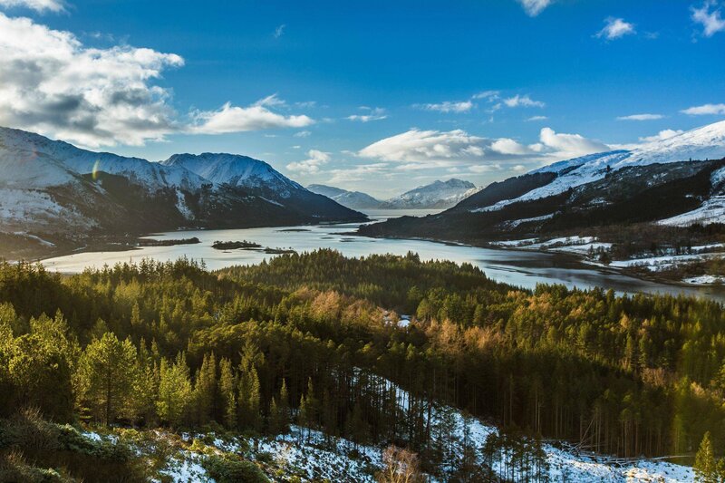 Snow-capped Mountains and Lake — Blue, Serene, Winter, Photograph, Forest