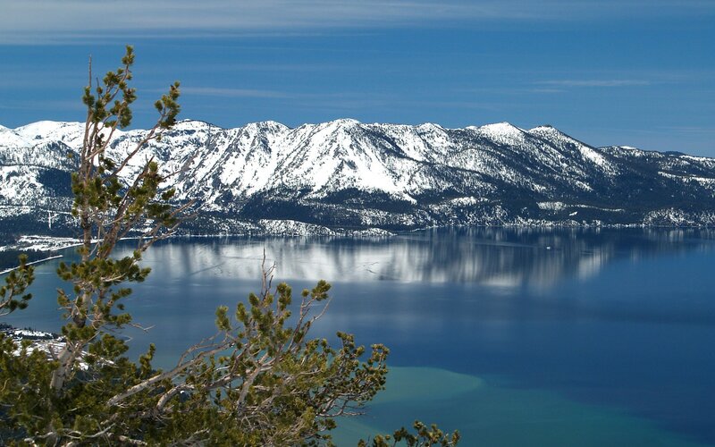 Snow-capped Mountains and Lake — Blue, Serene, Winter, Photograph, Pine Tree, Sky