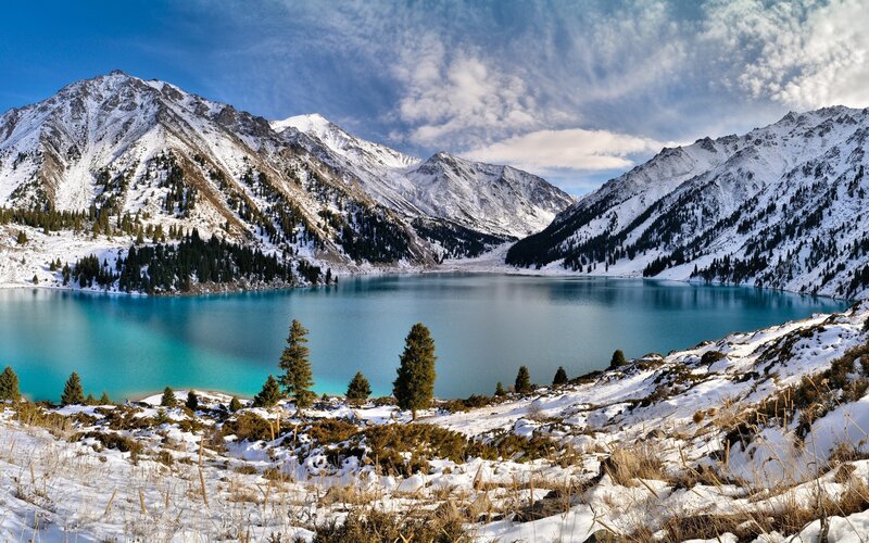 Snow-capped Mountains and Lake — Blue, Serene, Winter, Photograph, Pine Trees, Sky