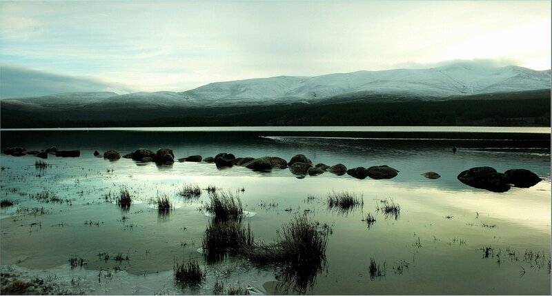 Snow-capped Mountains and Lake — Blue, Serene, Winter, Photograph, Rocks, Grass