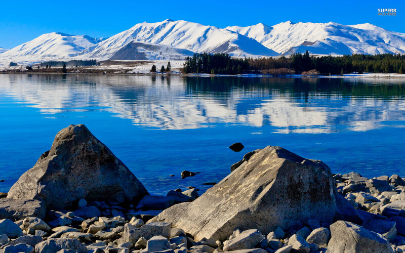Snow-capped Mountains and Lake — Blue, Serene, Winter, Photograph, Rocks