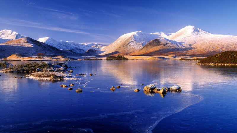 Snow-capped Mountains and Lake — Blue, Serene, Winter, Photograph, Rocks, Trees