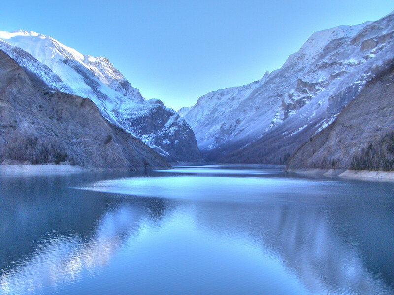 Snow-capped Mountains and Lake — Blue, Serene, Winter, Photograph