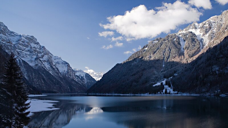 Snow-capped Mountains and Lake — Blue, Serene, Winter, Photograph, Trees, Clouds