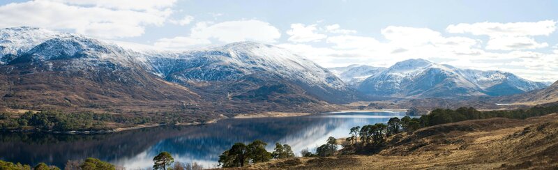 Snow-capped Mountains and Lake — Blue, Serene, Winter, Photograph, Trees, Sky