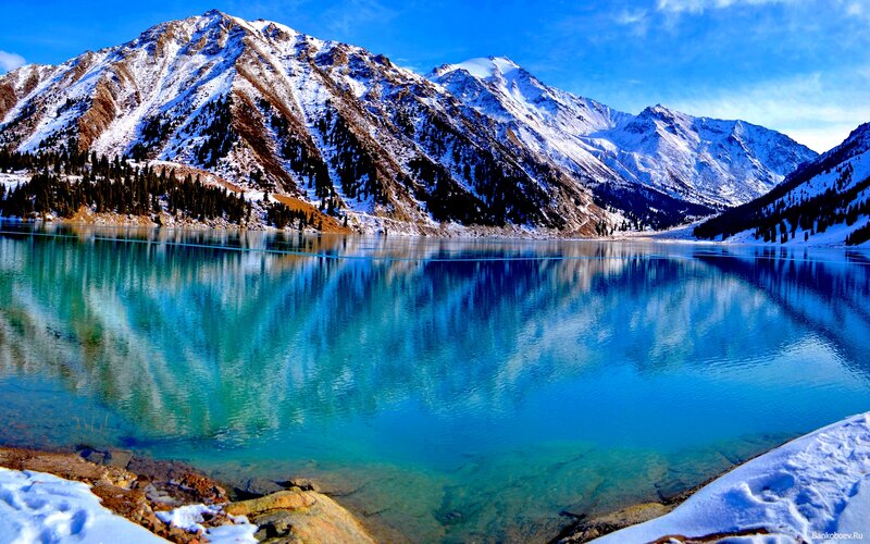Snow-capped Mountains and Lake — Blue, Serene, Winter, Photograph, Trees