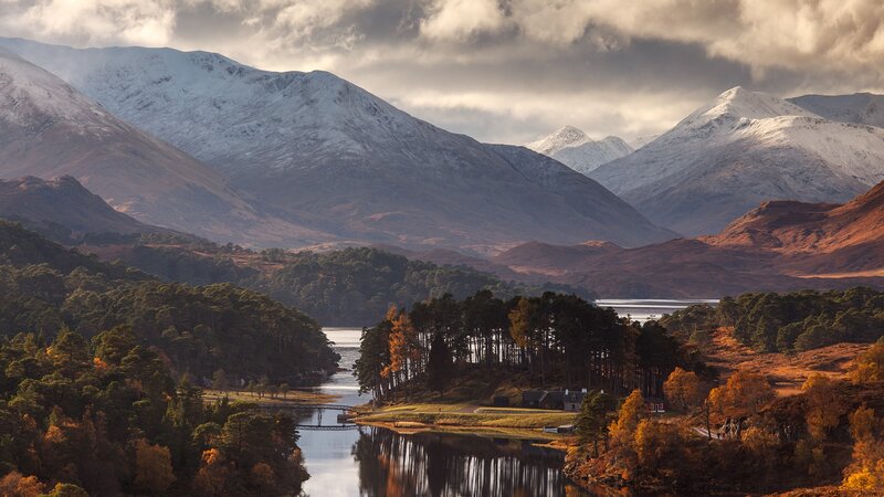 Snow-capped Mountains and Lake — Brown, Dramatic, Autumn